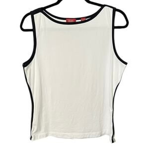 Valerie Stevens Pima Cotton White Tank Top Contrast Trim Stretch Athleisure - L